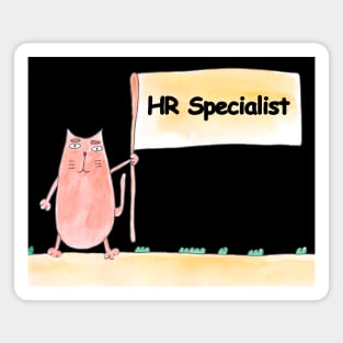 HR Specialist. Profession, work, job. Cat shows a banner with the inscription. Watercolor illustration. A gift for a professional. Magnet